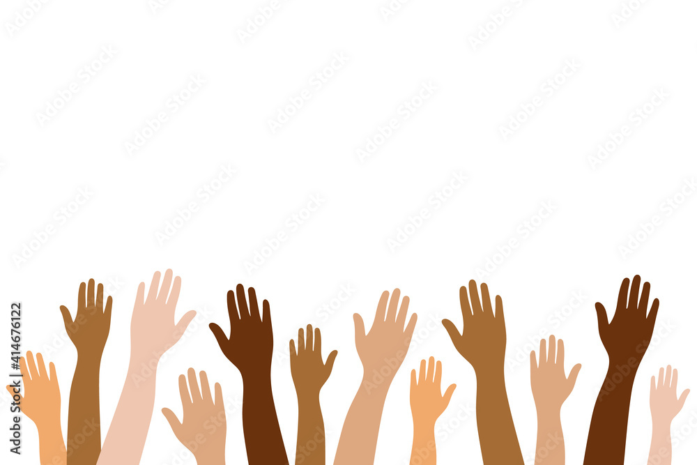 Diverse people hands on isolated background.Group of people with raised arm for celebration or friend community concept.Vector illustration of men and women arms.