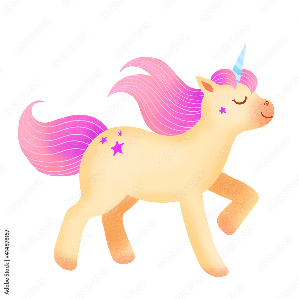 Adorable Unicorn illustration isolated on white. Childish cartoon character with funny pony with magical horn.