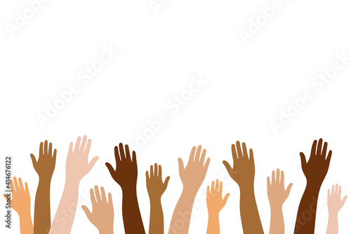 Diverse people hands on isolated background.Group of people with raised arm for celebration or friend community concept.Vector illustration of men and women arms.