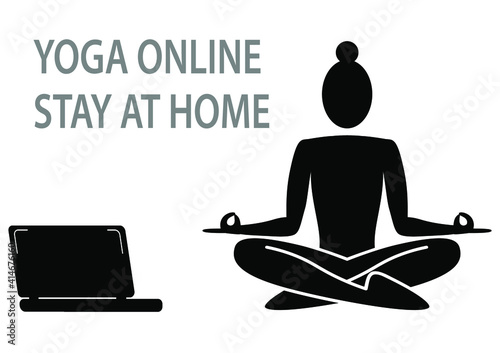 Woman meditating doing online yoga at home, Icon girl is meditating 