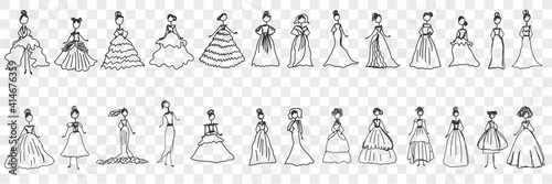 Feminine elegant dresses doodle set. Collection of hand drawn stylish fashionable elegant dresses for cocktails party wedding ball or carnival isolated on transparent background