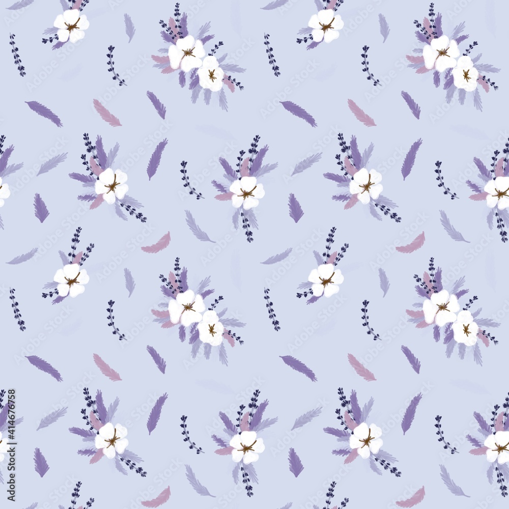 Seamless botanical pastel pattern in pink, purple and white colors. Textured cotton flowers. The pattern can be used for bed linen, wedding cards, pillows.