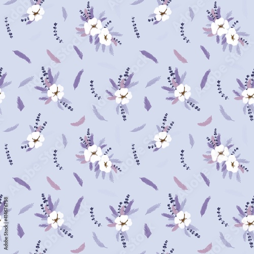 Seamless botanical pastel pattern in pink  purple and white colors. Textured cotton flowers. The pattern can be used for bed linen  wedding cards  pillows.