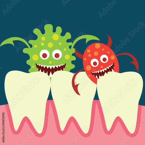 tooth bacteria and tooth for dentistry or stomatologist or dental clinic poster. flat vector illustration
