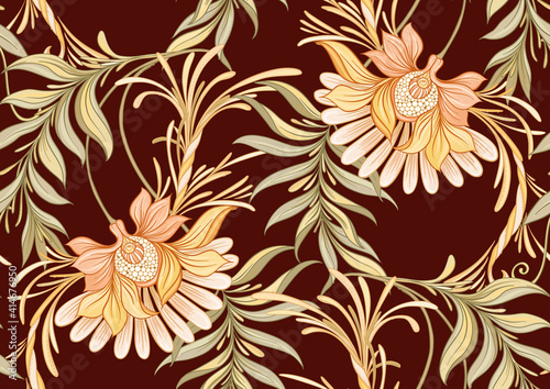 Seamless pattern  background with decorative flowers in art nouveau style  vintage  old  retro style. Vector illustration.
