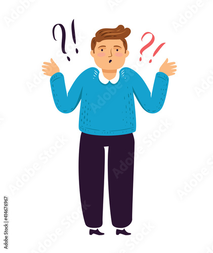 Man shrugs in disbelief. Unclear, question flat cartoon vector illustration
