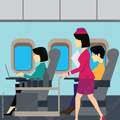 flight attendants on airplane business class cabin with passengers doing work on airplane business class cabin. vector illustration
