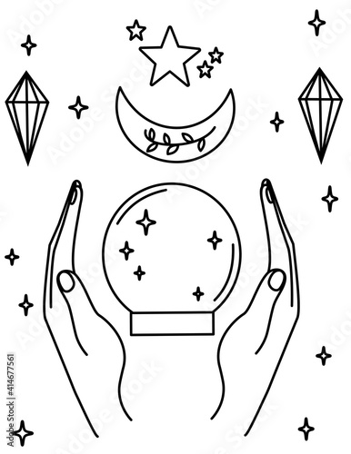cute cartoon crystal ball, human hands, moon and stars black and white vector illustration for coloring art