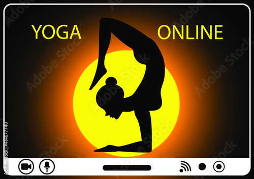 Online yoga is doing physical exercise, take online classes on laptop, Home activity vector illustration.