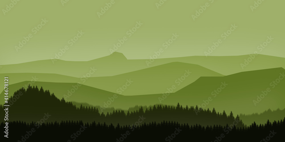 painted landscape illustration of green mountains