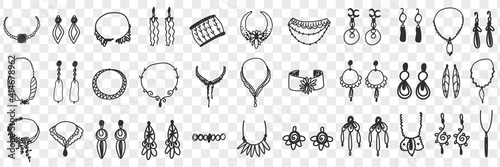 Jewellery and accessories doodle set. Collection of hand drawn elegant feminine accessories earrings necklace bracelets for wearing with stylish clothes isolated on transparent background