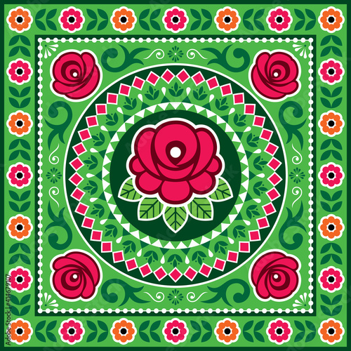 Pakistani and Indian truck art vector design with roses, floral motif mandala, Diwali vibrant pattern
