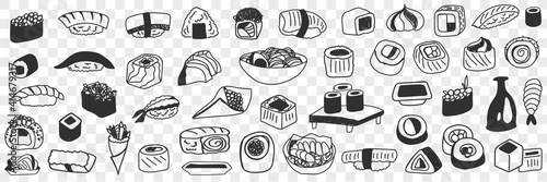 Japanese traditional foods doodle set. Collection of hand drawn asian japanese sushi rolls fish soy sauce gunkan shrimp rice noodles served in restaurants isolated on transparent background