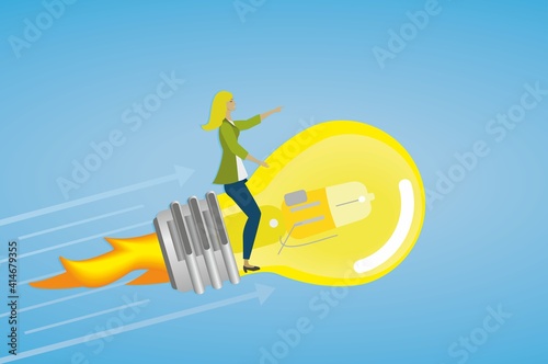Woman flying on light bulb rocket. Inspiration, education, Idea, development and research. Vector illustration. EPS10.