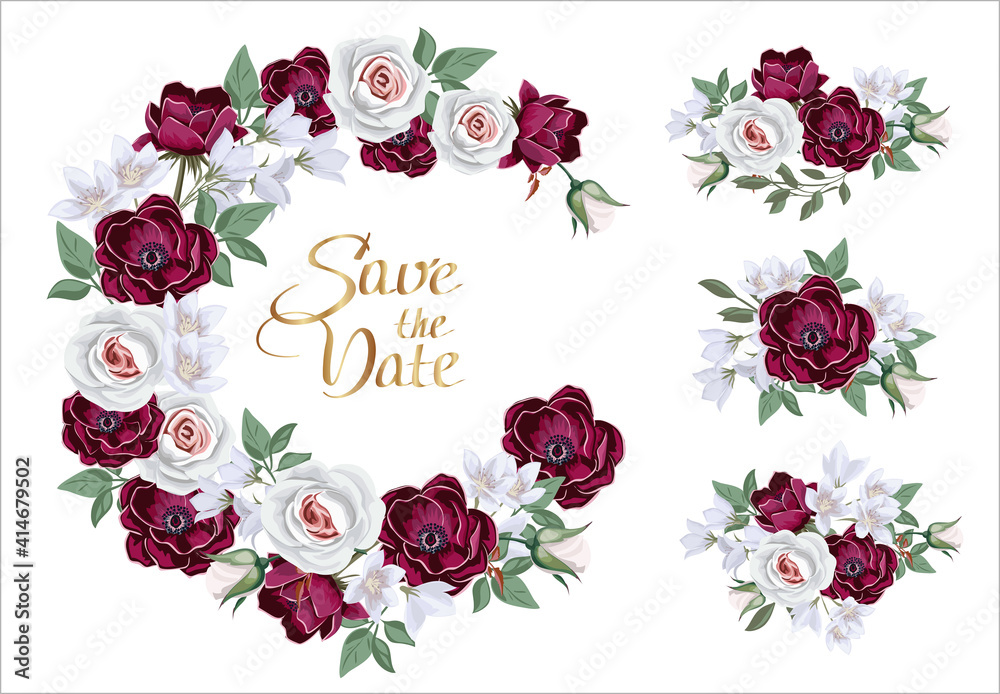 Collection of  floral borders and compositions with wedding flowers. Template for Invitation or greeting card