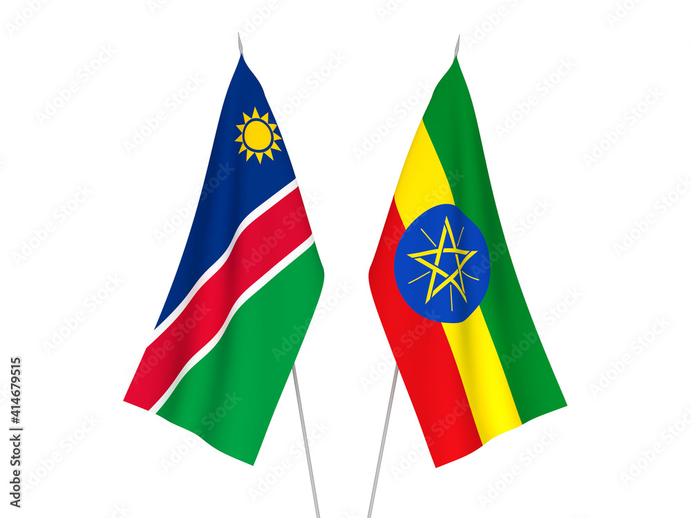 National fabric flags of Ethiopia and Republic of Namibia isolated on white background. 3d rendering illustration. National fabric flags of Ethiopia and Republic of Namibia isolated on white background. 3d rendering illustration.