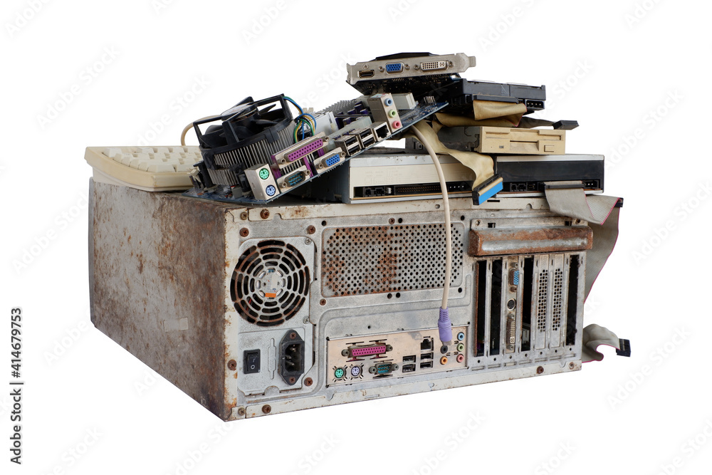 Pile of electronic waste, Rusty old computer cases and obsolete