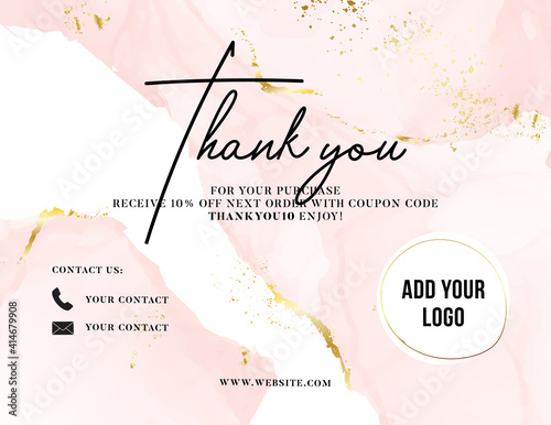 Thank You Card watercolor pink gold, customer service women business card , promotion Voucher , post purchase insert. Elegant greeting  template, printable custom small business card