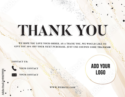 Thank You Card watercolor beige ink background, customer service thanks card , advertising promotion Voucher , post purchase insert  greeting  template, printable custom small business card