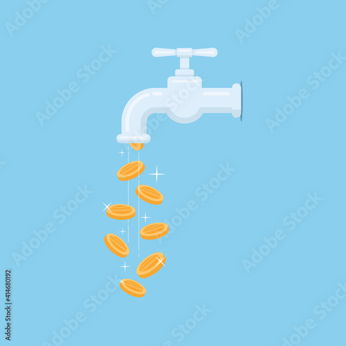 Money cash flow concept with faucet and gold coins vector flat illustration