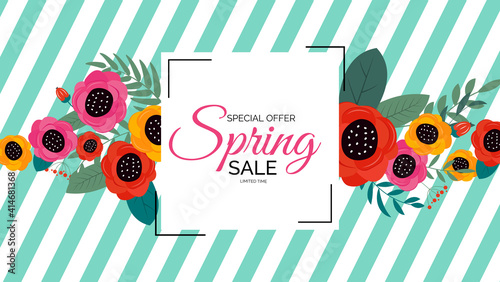 Promotion offer, card for spring sale season with spring plants, leaves and flowers decoration. Vector Illustration EPS10