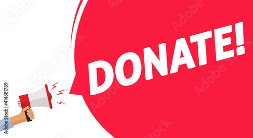Donate banner poster announcement loudspeaker red color vector placard flat cartoon illustration, donation concept