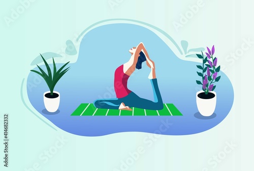 Girl Doing Yoga At Home. Girl in yoga asana. Modern flat design concept of yoga. Stock vector illustration
