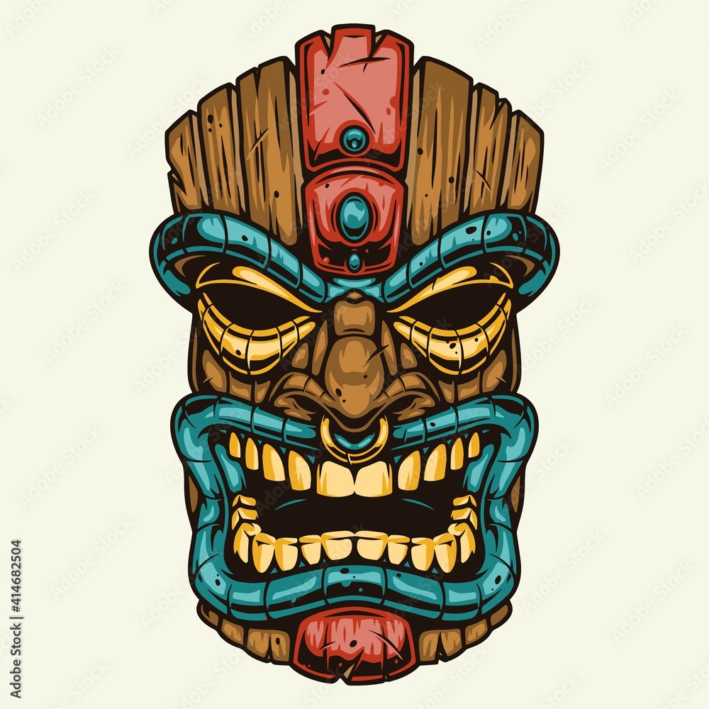 Wooden hawaiian tribal tiki mask Stock-Vektorgrafik | Adobe Stock