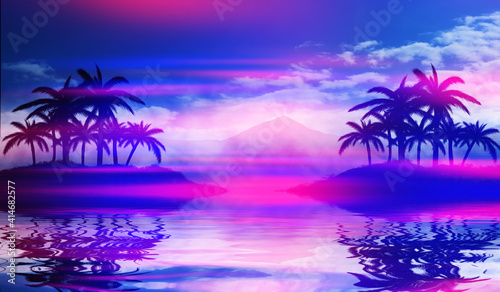 Beach party empty scene background. Tropical palms against a background of mountains  water reflection  neon lighting  laser show. 3d illustration