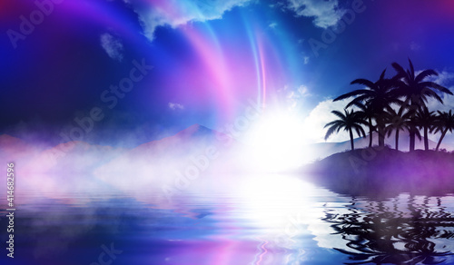 Beach party empty scene background. Tropical palms against a background of mountains  water reflection  neon lighting  laser show. 3d illustration