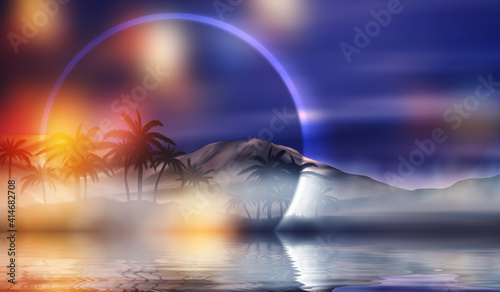 Beach party empty scene background. Tropical palms against a background of mountains, reflection on the water, the shape of a neon ball, laser show. 3d illustration