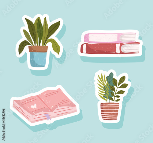 set book, icon books academic and potted plants