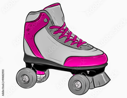 Pink roller skates isolated on white, cartoon pink roller skates