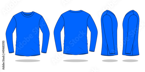 Blank Blue Long Sleeve T-Shirt For Template on White Background. Front, Back, and Side View, Vector File