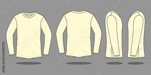Blank Light Yellow Long Sleeve T-Shirt Template on Gray Background. Front, Back, and Side View, Vector File