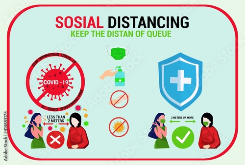 Warning sign Please keep safe distance of 2 m. Quarantine actions, risk of coronavirus COVID-19 infection. Illustration, vector