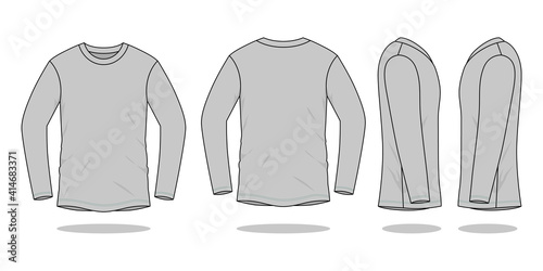 Blank Light Gray Long Sleeve T-Shirt Template on White Background. Front, Back, and Side Views, Vector File.