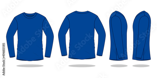 Blank Navy Blue Long Sleeve T-Shirt Template on white Background. Front, Back and Side Views, Vector File.