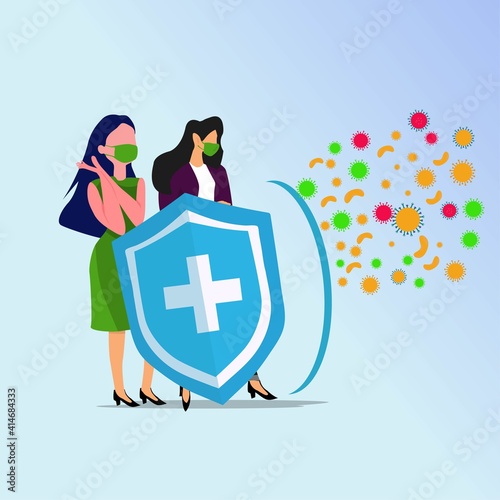 Immune system vector icon logo. Health bacteria virus protection. Medical prevention human germ. Healthy man reflect bacteria attack with shield. Boost Immunity with medicine concept illustration