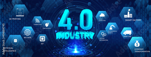 Web banner Industrial Revolution 4.0. Scifi hologram and 3D numbers with conceptual icons. Industry 4.0 concept (Cloud computin, IOT, artificial intelligence robotics, physical systems) Vector banner