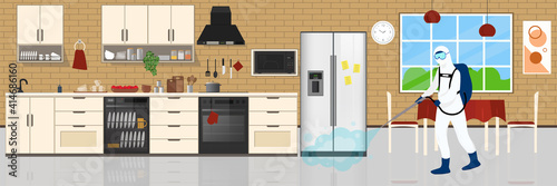 Man in protective suit disinfects Kitchen with spray gun. Prevention against spread of disease. Premises sanitization. Sanitary inspection worker disinfecting home.