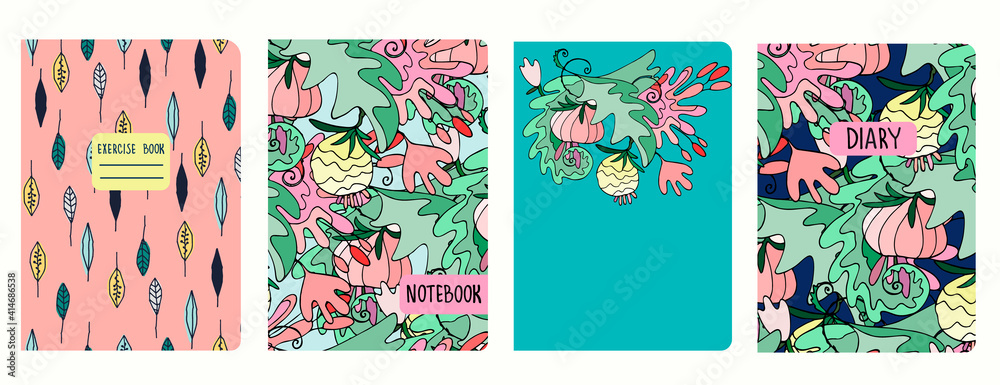Set of cover page templates with lush tropical vegetation, Hawaiian style. Based on seamless patterns. Headers isolated and replaceable. Perfect for school notebooks, diaries