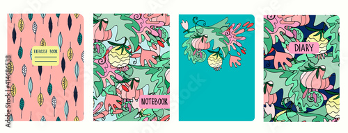 Set of cover page templates with lush tropical vegetation, Hawaiian style. Based on seamless patterns. Headers isolated and replaceable. Perfect for school notebooks, diaries