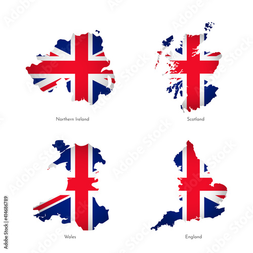 Vector illustrations with simplified maps of regions of United Kingdom (Scotland, England, Northern Ireland, Wales). National british flag with cross (red, white, blue colors). Union Jack