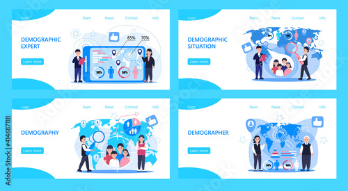 Demographer concept vector for landing page. Growth population in the world. Demographic experts analyzing data numbers of women, men, families. Diagrams, map, label
