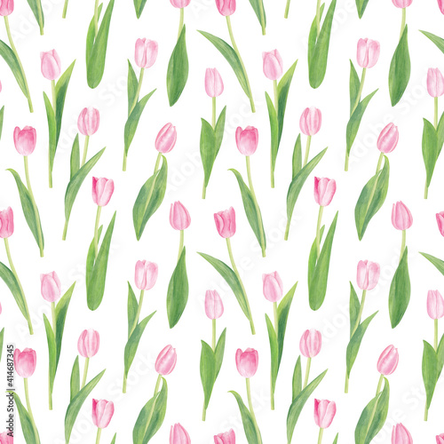 Watercolor pink tulip seamless pattern. Summer pink flowers isolated on white background.