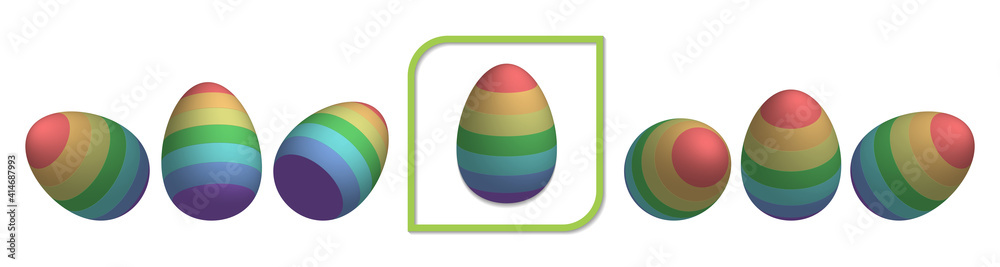 3D set of rainbow eggs. Iridescent Easter objects in seven projections 3D set of rainbow eggs. Iridescent Easter objects in seven projections