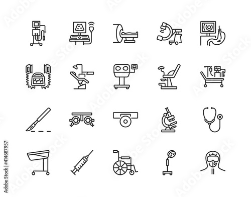 Medical examination equipment flat line icon set. Vector illustration diagnostic tools. Symbols for a complete survey of patients. Editable strokes.