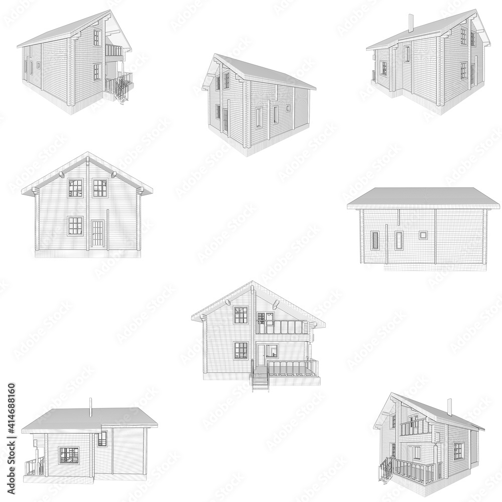 
Wooden house, cottage black and white illustrated picture on a white isolated background. Eight views of the cottage from different sides