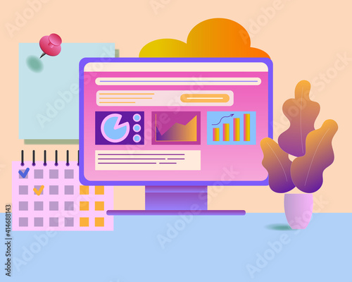 Business strategy concept of success. Financial overview with sticky note, calendar, flowers and infographic elements. . High quality illustration